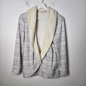 L.L. Bean Size S Sherpa Lined Cozy Gray Fair Isle Cardigan Shawl Collar Pockets